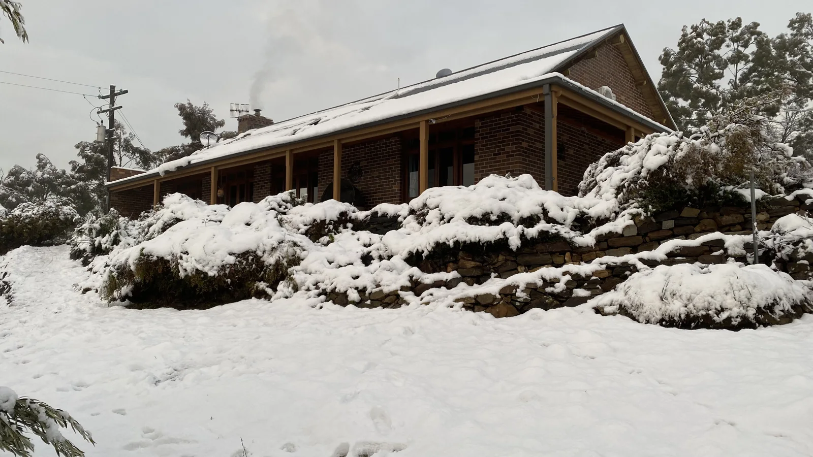 Snow covering the cottage and garden